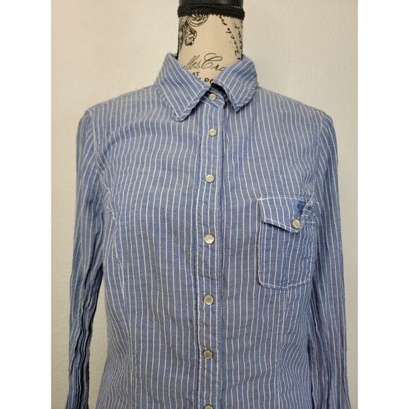 Guess Los Angeles Shirt Womens SZ M Blue White Striped Long sleeve Snap Pocket - Picture 3 of 13